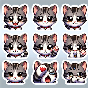 Create a sticker pack for me featuring a cute gray-and-white kit...