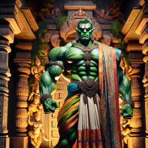 massive, muscular figure resembling the Hulk, depicted in a trad...