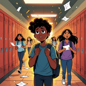 **Visual Description**:  
- A cartoon-style school hallway with...