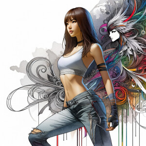 Athletic Thin skinny Attractive, Asian teenage girl, long brown hair and bangs, wearing tight skinny jeans and a halter top paint marks on her clothing, heroic pose Asian graffiti background, side view