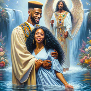 An oil painting depicting a light-skinned African-American pasto...