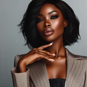 Create an image of an elegant woman with an alluring and confide...