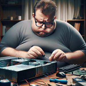 Sad fat man fixing computer
without glasses
