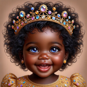 "Create a digital portrait of an adorable african-American baby girl with a joyful expression. She is wearing a gold crown with colorful jewels. Her big, bright blue eyes are wide with wonder, and her tiny mouth is shaped in a happy grin. Her skin has a warm, honey-brown tone, and she has an abundance of thick curly black hair, The background is soft and neutral to keep the focus on her delightful features. The portrait should be vibrant and heartwarming, celebrating the innocence and charm of childhood."