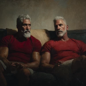 Two muscular bodybuilders with gray hair and beards are depicted...