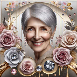 A horizontal portrait of a thinner, smiling curvy 80 year old Ca...