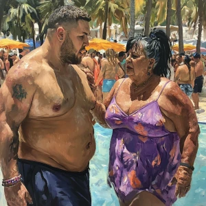 Realism  painting,a muscular beefy sweaty man  walking with his...