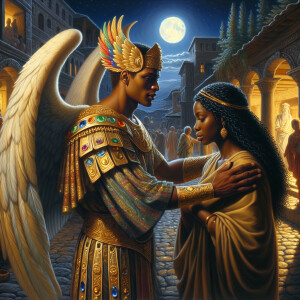 Create an oil painting image featuring a male angel and a grievi...