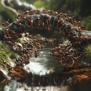 Generate an image depicting a chain of ants forming a living bridge across a stream, showcasing the intricacy of their interlocking bodies and reflecting the water's surface below.