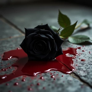 Black rose strewn onto cement and red blood fallen on the rose a...