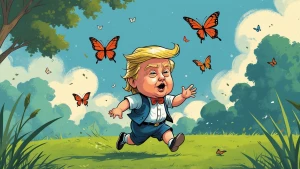 baby Trump runs on the grass and catches butterflies, in carton...