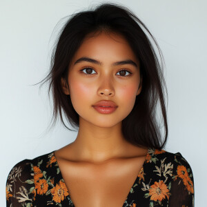 Portrait of a cute 19-year-old woman with a clean face, a blend...