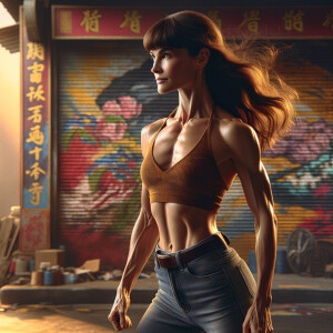 Athletic Thin skinny Attractive, Asian teenage girl, long brown hair and bangs, wearing tight skinny jeans and a halter top paint marks on her clothing, heroic pose Asian graffiti background, side view