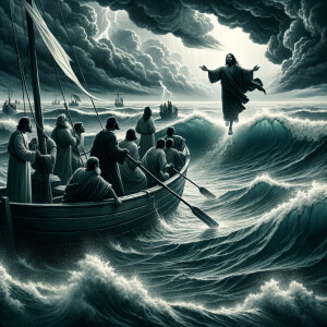 African-American Jesus telling Peter to come walk on the water,...