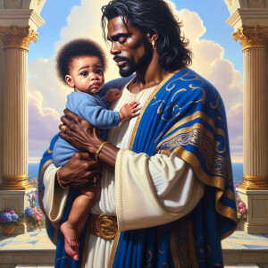 Classical oil painting style depicting an African-American Jesus...