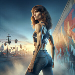 Athletic Thin skinny Attractive, Asian teenage girl, long brown hair and bangs, wearing tight skinny jeans and a halter top paint marks on her clothing, heroic pose Asian graffiti background, backside view