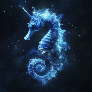 Create an image of a seahorse that embodies elements of darkness and the cosmos, featuring distinctive cool tones that are rare and not typically seen.