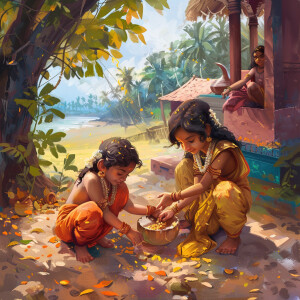 Illustrate a photo like image of young Krishna and Radha playing...