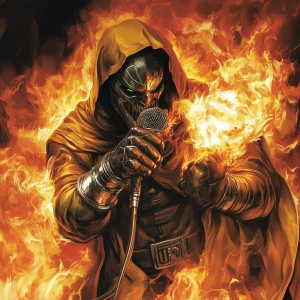 A menacing hip hop MC metallic Doom type of marvel character wra...