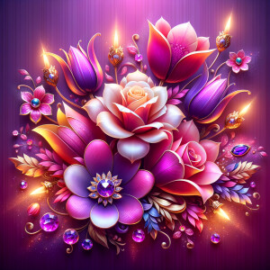 Create a vibrant digital artwork depicting a lush bouquet of sty...