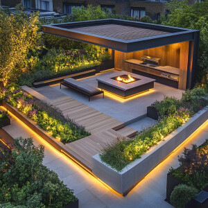 Create a contemporary rooftop garden design that includes an ele...
