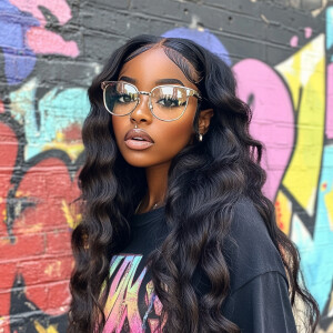 Brown Betty Boop with long wavy hair wearing glasses and urban w...