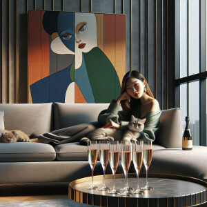 Create a stylish vogue drawing featuring a girl lounging on a so...