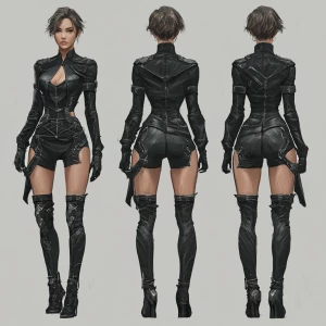 A digital art character design sheet showcasing a futuristic fem...