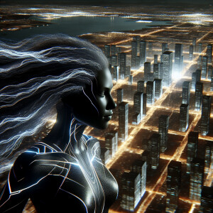 A Nigerian female with long flowing energized hair superwoman in...