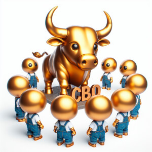 Cartoon yellow minions around copper bull and text CBO