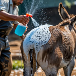 A farmer spraying water and soap suds onto the back of his donke...