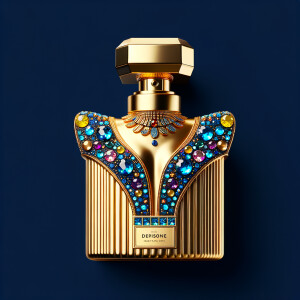 Create a 3-D realistic gold and blue, colorful jewels perfume b...