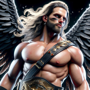 Hulk Hogan wearing his championship belt , he has long black fea...