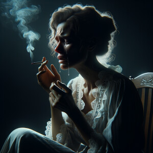 Crying woman in a nightgown siting on her chair smoking a cigarette .