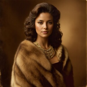 “A highly realistic, mid-length portrait of a glamorous woman wi...