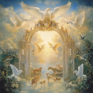 Create a tranquil heavenly scene depicting ethereal angels and d...