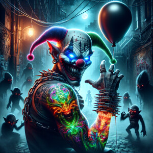 dystopian dark art image of a menacing effect clown with light u...