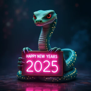 Anthro cobra holding a  neon sign that says HAPPY NEW YEARS 2025...