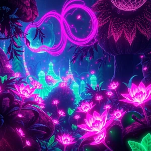 A dazzlingly alive digital garden, every pixel pulsates with bio...