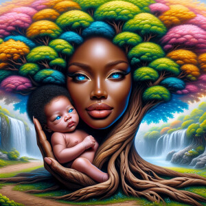 Create a close-up, hyper-realistic 3-D oil painting of a tree wi...