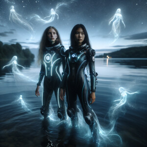 Two girls are standing near the lake at night in a hydro suit an...