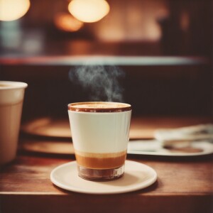Close-up view of a steaming hot latte in a coffee cup at a coffe...