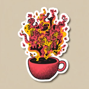 hand-drawn coffee cup overflowing with chaotic swirling steam tr...