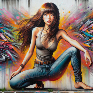 teenage girl, long brown hair and bangs, wearing tight skinny jeans and a halter top paint marks on her clothing, heroic pose Asian graffiti background, nearing on one knee