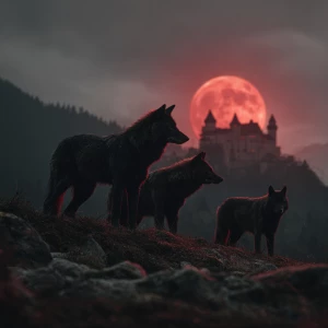werewolf followed by wolves, red moon in the sky, castle, film l...