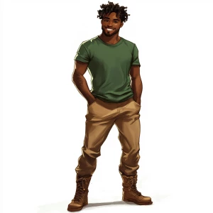 Generate an image of a medium-built man with dark skin and short...