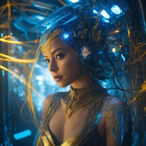 portrait of a robotic woman, robotic parts, wires and electronic...