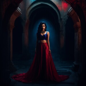 An Indian female vampire, with Goth-inspired aesthetic, set agai...