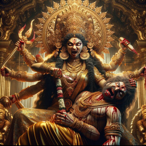 portrait of extremely angry looking goddess durga sitting on a gold crown and carrying a weak mahishasur on her lap and poking him with her amazingly long red fingernails. She is wearing gold armor, a huge gold crown, gold saree, abundant  gold jewelry, covered in blood. The scene is set in ancient India. The image is 8K resolution, cinematic, photography, ultra detailed face and epic.