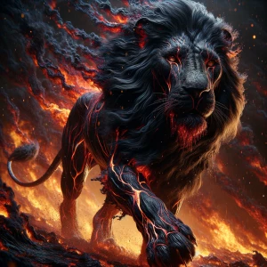 A colossal Black Lion, fur rippling with obsidian-like sheen, ve...